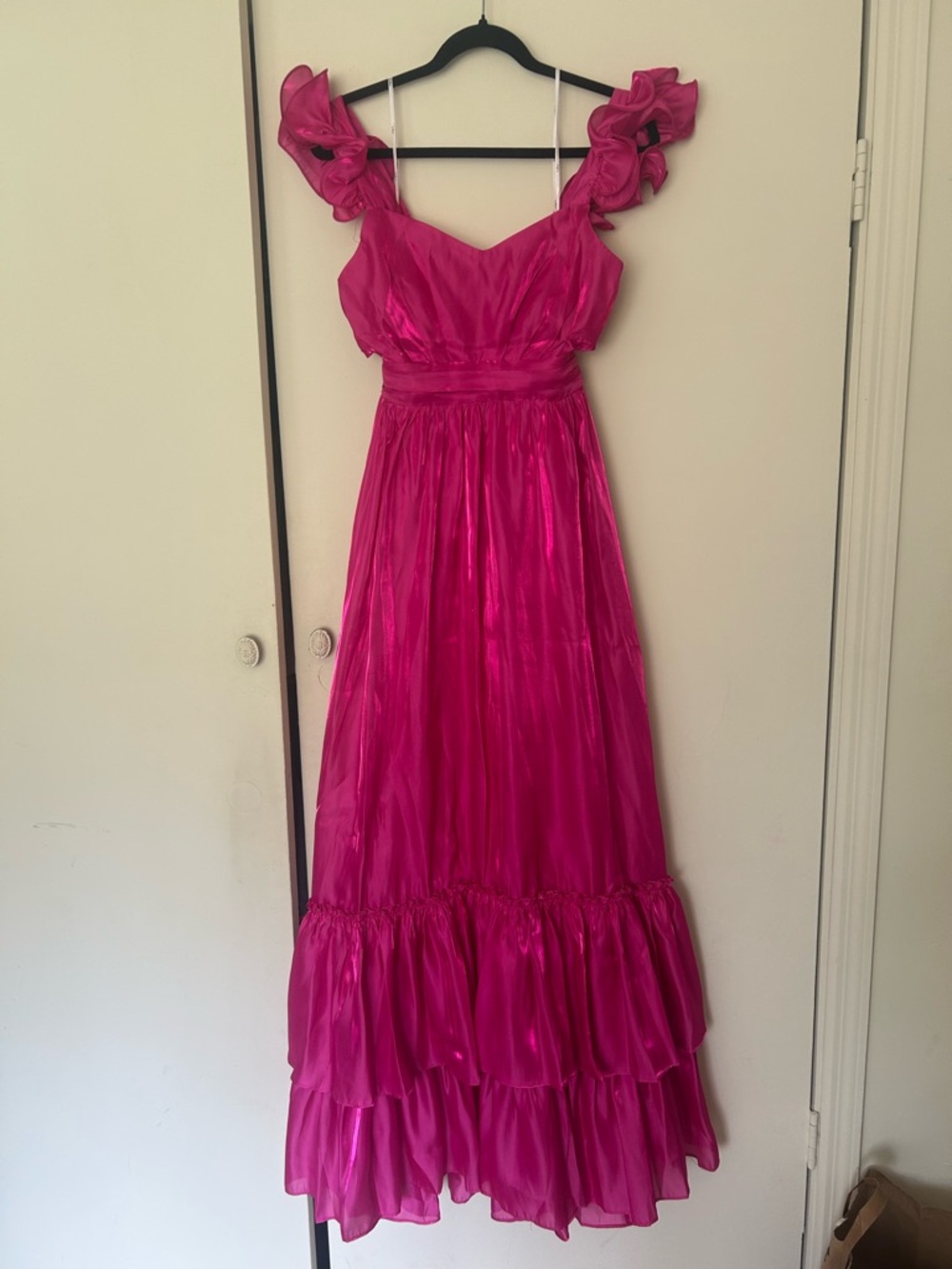 Lulu's Vibrant Hot Pink Satin Ruffle Strap Maxi Dress